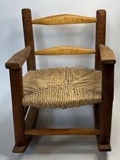 Vintage Wooden Doll Chair Rush Seat 7.5” High At Back
