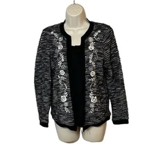 Rebecca Malone Petite Small Embroidered Blouse Black White Holiday Dressy Top