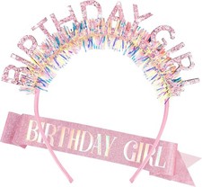 Birthday Girl Headband  Sash - Birthday Crown for Women  Girls Pink Glitter