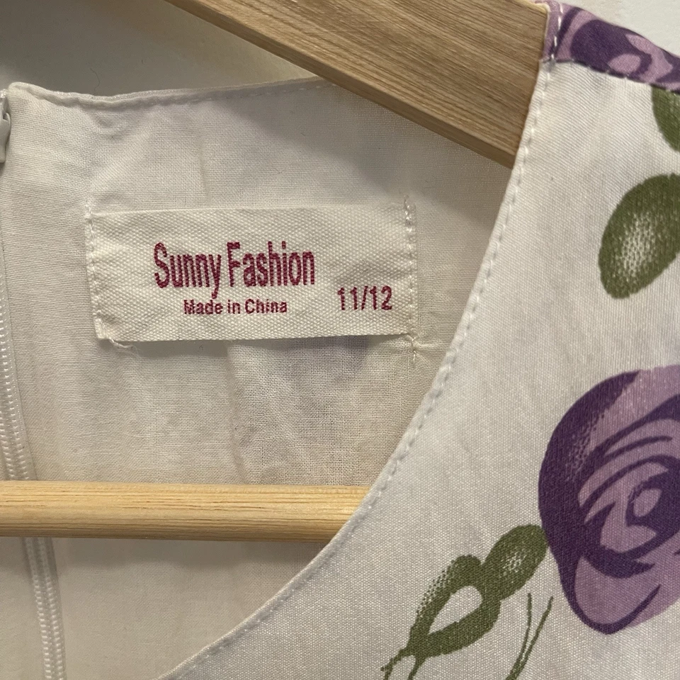 Vestido soleado de moda de algodón floral blanco y púrpura con lazo trasero para niñas talla 11/12 Foto 3 de 4