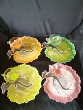 VINTAGE ORCHARD HAZEL ATLAS GLASS  TREE OF LIFE MULTI COLOR SNACK SETS, SET OF 4