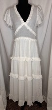 Avah Midi Dress White SzM Tiered Lined Flutter sleeves feminine v neck boho
