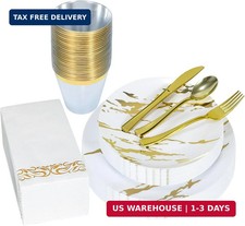 175pcs Gold Plastic Dinnerware Set - Elegant Disposable Plates, Cups, Utensils 