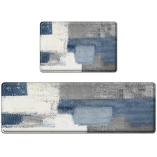 Anti-Fatigue Blue Grey Kitchen Rug Set of 2 Cushioned Abstract Rug for Floor,...