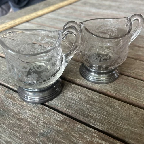 Sterling Base Glass Floral Etched Creamer and Sugar Bowl Chantilly by Cambridge