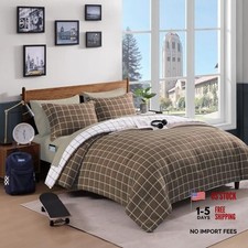 Plaid Comforter Set 7 Pieces Reversible Checkered Bed in a Bag Queen Brown