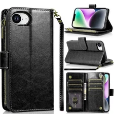 For iPhone 16e Case Luxury Wallet Card ID Zipper Money Holder + Tempered Glass