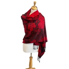 Pashmina Textured Floral Print Fringe Reversible Scarf Boho Layering Office