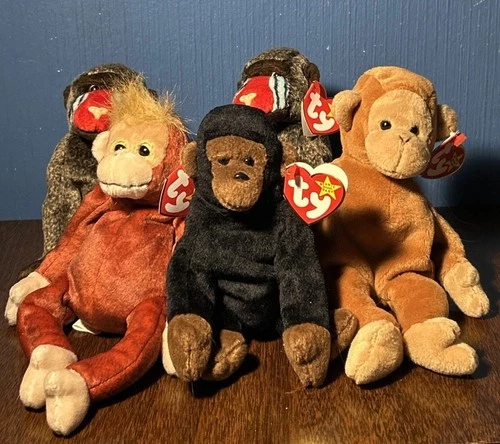 VINTAGE BEANIE BABY LOT OF 5 - Monkey Gorilla Baboon Orangutan Plush w/ Ty Tags