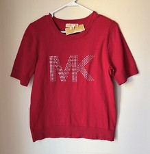 Size M Michael Kors Short-Sleeve Sweater Crystal MK Logo Blouse Top CRIMSON RED