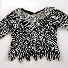 Vintage 80s Raiment Fashions Black Silver Sequins White Beads V Neck vvv Bottom