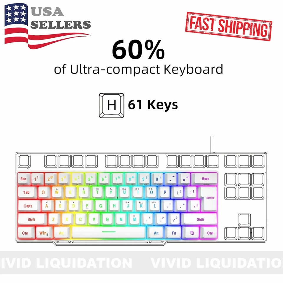 60% Wired Gaming Keyboard 61 Keys RGB Backlit Ultra-Compact Waterproof Key Board - Image 2 of 4