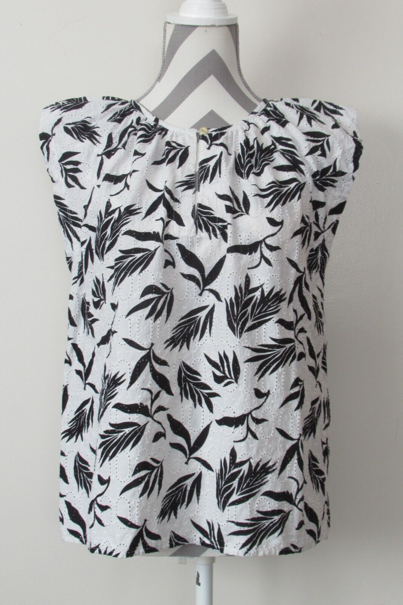 LOFT Womens Medium Top 4138 Blouse Lace Sleeveless White Black Cotton