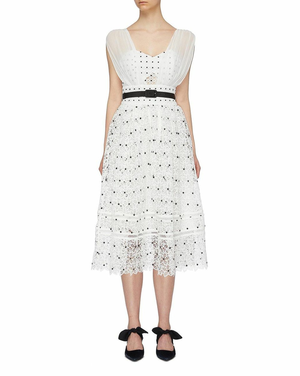 sachin and babi light blue dress NWOT Self Portrai Chiffon panel guipure lace midi dress white w/black belt  $485