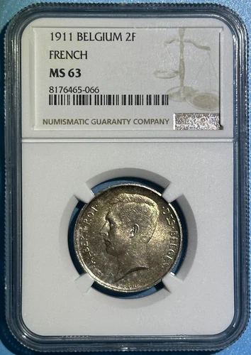 Belgium 1911 2 Francs Frank Silver Coin in French Rainbow Color NGC MS 63 KM# 74