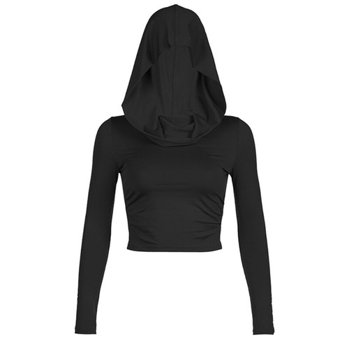 Casual Bare Shoulder Long Sleeve Crop Top with Hooded Cowl Neck Ruched T-Shirt - Picture 12 of 17