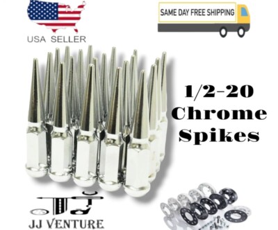20Pc Chrome 4.5'' Tall 1/2-20 Solid Steel Spike Lug Nut +Key Fit 5Lug Ford Models