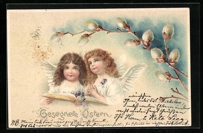 Easter Angels Holding a Book in Hands, Blessed Easter!, Postcard 1901 