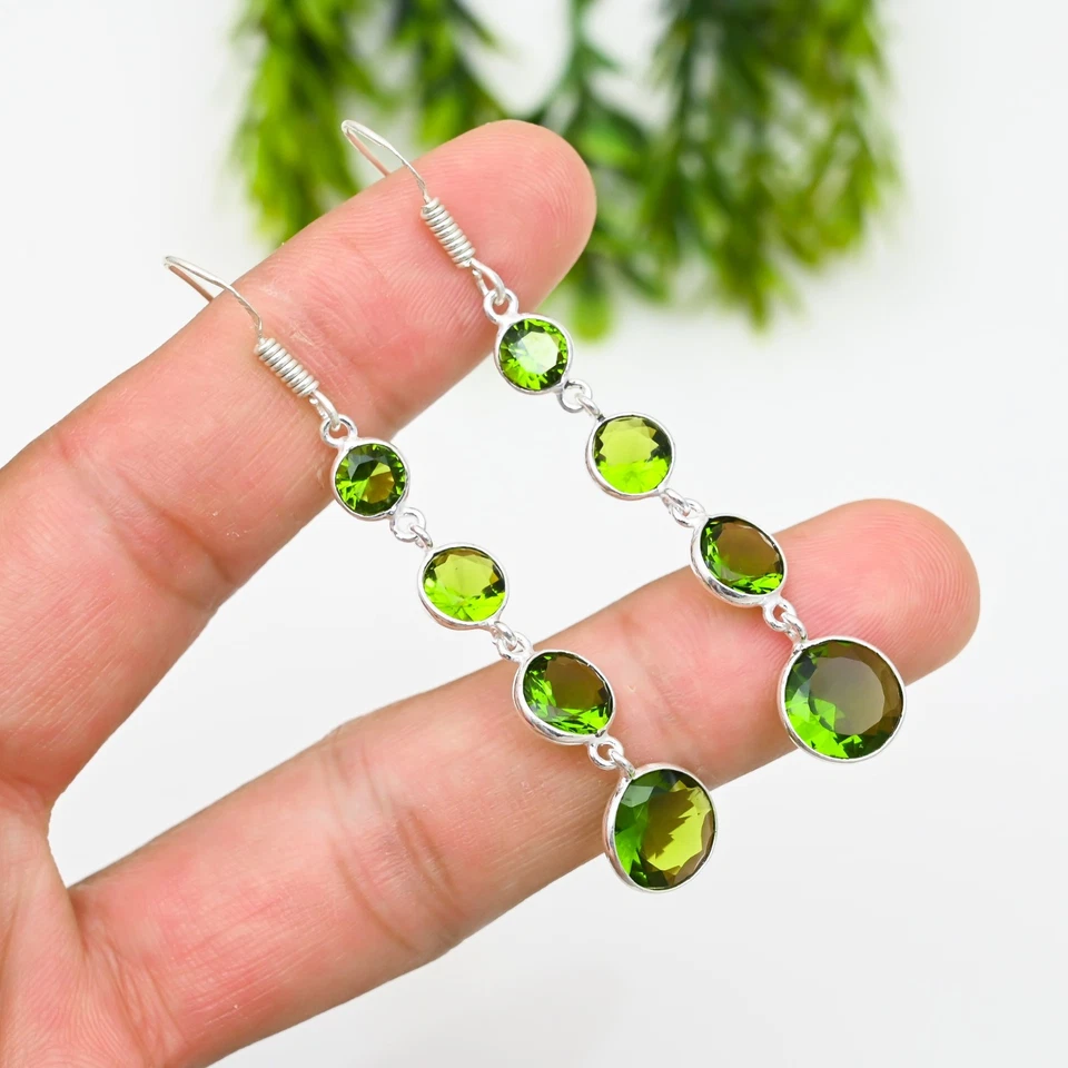 Green Peridot Gemstone 925 Sterling Silver Handmade Jewelry Earring Gift For Her - Image 2 of 4