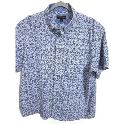 Johnston & Murphy Mens XL Blue Paisley Skull Print Short Sleeve Shirt 74-8763