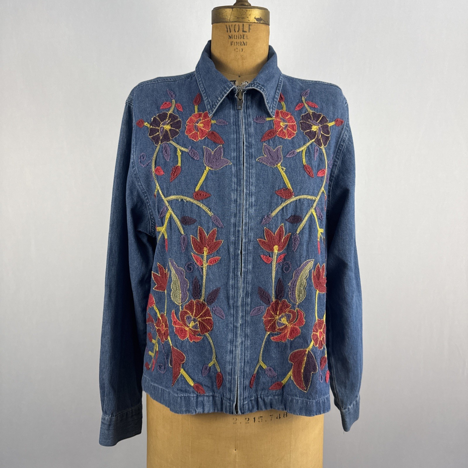 Tantrums Vintage Denim Floral Embroidery Blue Jean Jacket Women’s Petite M