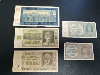 Bohème Et Moravie. Lot De 5 Billets. 1 Koruna. 5 10 20 100 Korun. 1940 1942 1944 - Photo 1/2