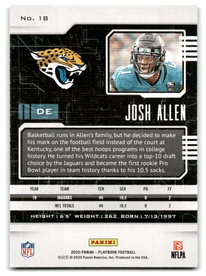 Josh Allen 2020 Panini Playbook FOOTBALL #18 Jacksonville Jaguars - Image 2 of 2