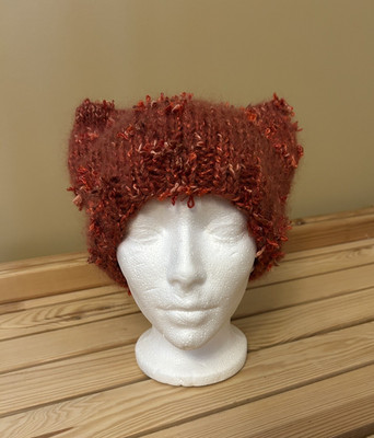 2 pc Grandma Knit Handmade Mother Daughter ''Cat Ear'' Hats Orange Brick Red