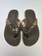 Sperry Women  s Flip Flops Sandals Leopard Print Brown Leather Size 7.5 US