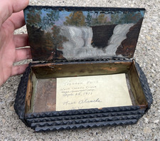 Antique Tramp Art Box Waterfall Painting Lid 1911 Folk Art Trenton Falls NY