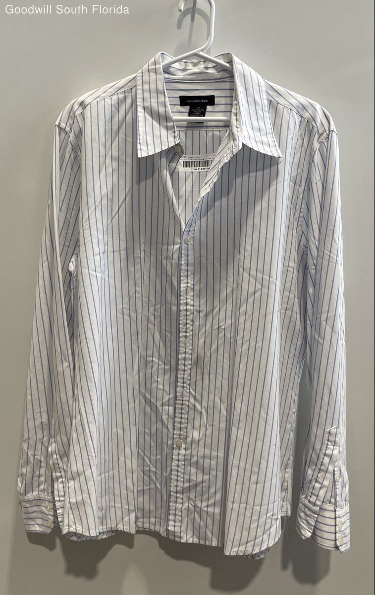 Calvin Klein Mens White Blue Striped Cotton Long Sleeve Button-Up Shirt Size L