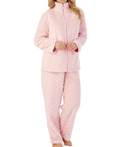 Ladies Diamond Fleece Zip Up Bed Jacket Lounge Pants or Pyjama Set Slenderella - Picture 3 of 31