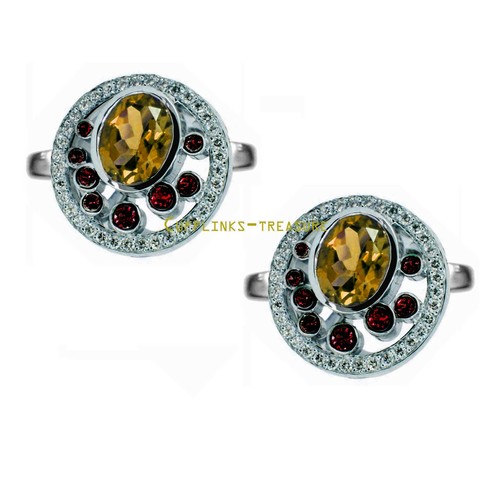 Natürlicher Citrin Rauchquarz & CZ Edelsteine 925 Sterling Silber Herren Manschettenknöpfe #5 - Bild 3 von 3