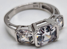 Classy Size 7 Sterling Silver .925 Ring 3 Stone Cushion Shape Clear Stones