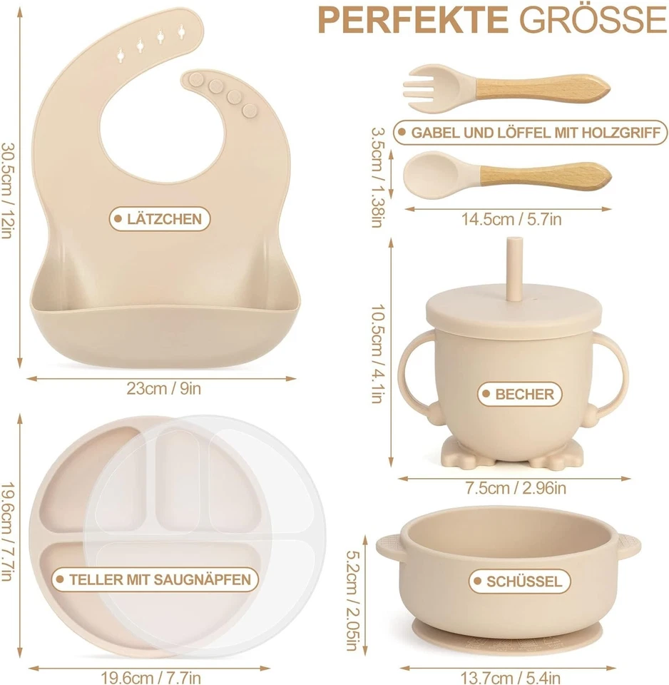 Baby Geschirrset 7-teilig mit Saugnapf Rutschfest Silikon Kind Beige B499 - Bild 2 von 4