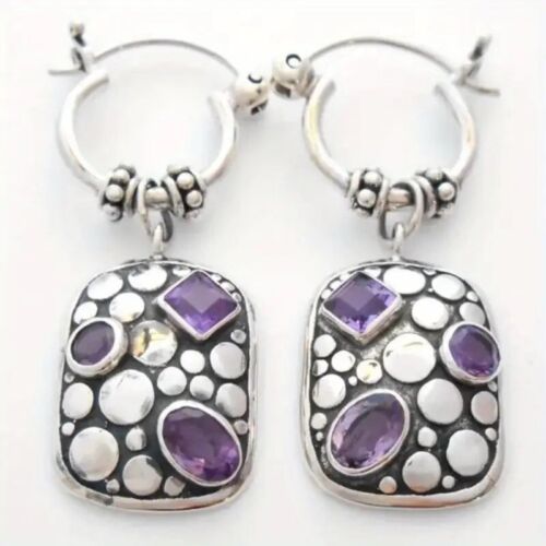 Chico’s Amethyst Hoop Earrings Geometric Silver Dangle Statement Gemstone CZ