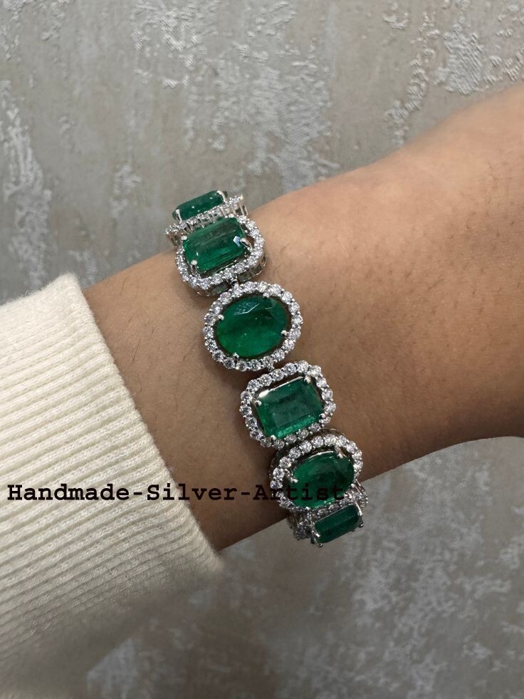 Natural Rosecut Diamond Emerald 925 Sterling Silver Wedding Bracelet Jewelry