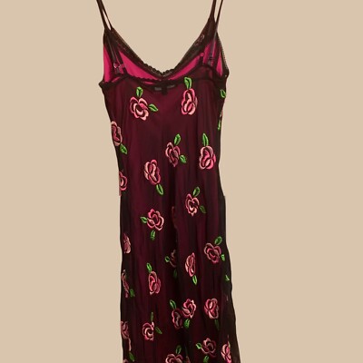 Vtg Betsey Johnson 🌺 Pink Floral Rose Embroidered Slip Dress