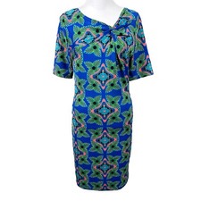 Tracy Negoshian XS Vibrant Twist Asymmetric Neckline Poly Sheath Dress Stretch