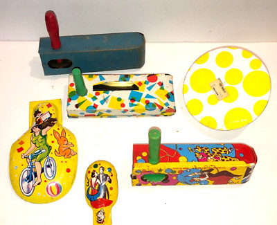Lot of 6 vintage noisemakers New Years Eve party metal toy mfg cranks & clickers