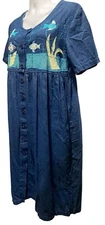 Go Softly Patio House Dress L Blue Denim Cotton Applique Fish Button Midi