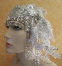 Silver Gatsby 20's Waterfall Bead Lace Crystal Flapper Headpiece Hat Bridal