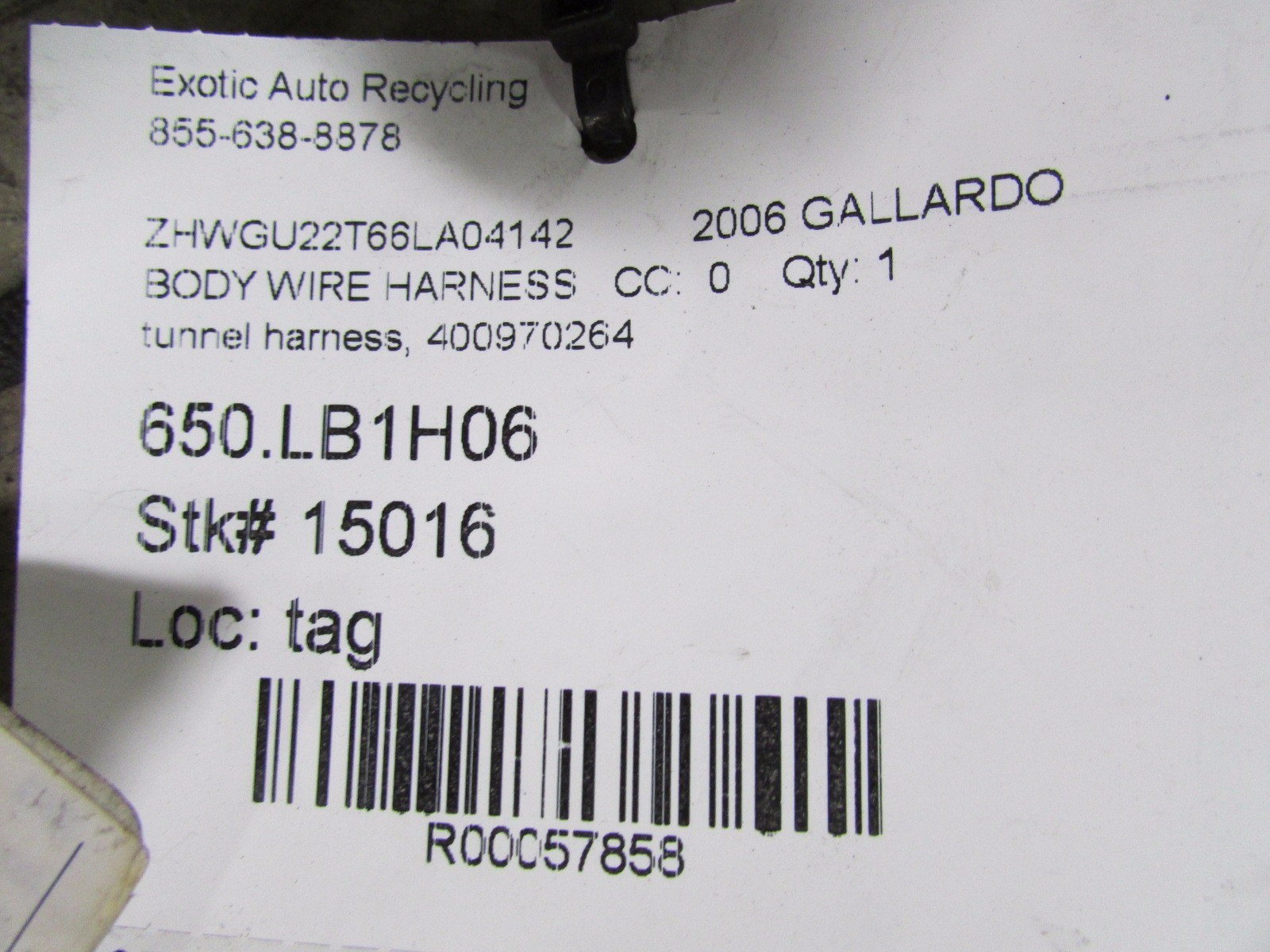 Lamborghini Gallardo, Tunnel Harness, Small, Used, P/N 400970264