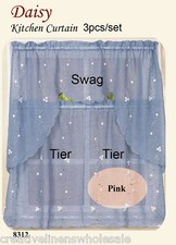 PINK Embroidery Daisy Kitchen Curtain Swag Tiers Set 3PCS PINK Sheer Free S H