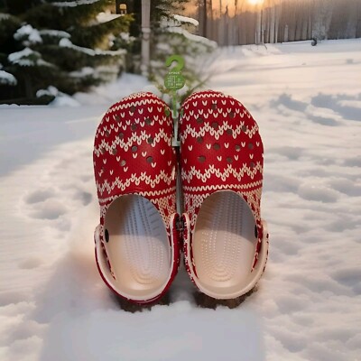 Crocs Christmas Red/White Classic Holiday Sweater Clogs Size W7 / M5 Unisex NEW