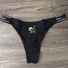 Pink By Victoria  s Secret Large Black Halloween Cotton Logo Thong Panties
