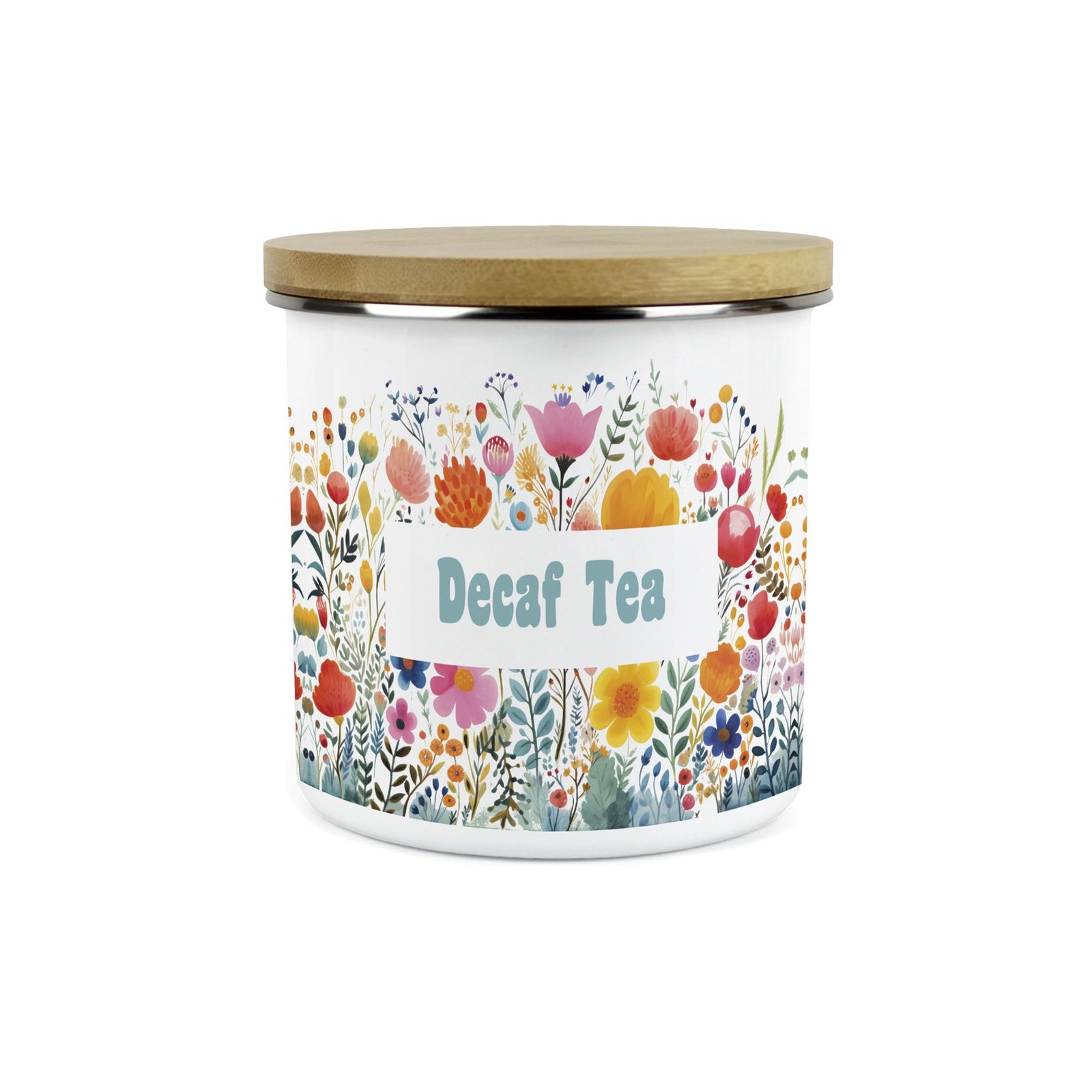 Bright Floral Decaf Tea Canister - Enamel 1.2L Storage Jar Kitchen Gift