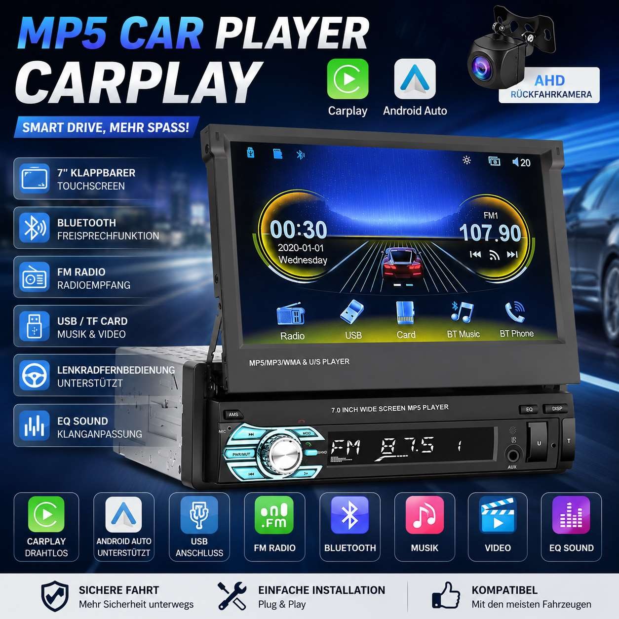 Autoradio Bluetooth 1 Din 7" Schermo Touch Screen Radio BT FM USB AUX Fotocamera