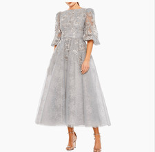 MAC DUGGAL 20418 Floral Embroidered Illusion Long Sleeve Gown Platinum Sz 20 NEW