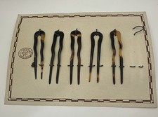 5 Vintage Celluloid Hair Forks Pins Tortoise Shell Gesetzlich German New NOS